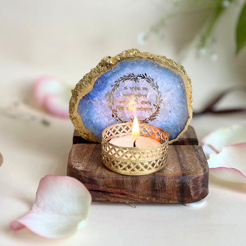 Gayathri Mantra Handcrafted Agate Religious Accent With Tealight Candle Holder - Blue
