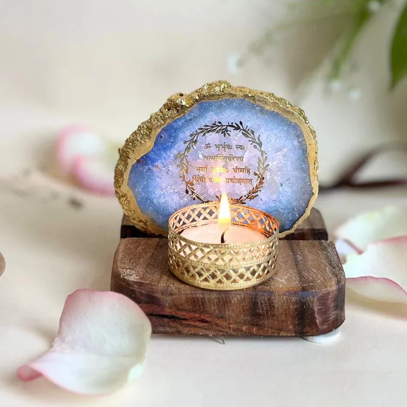Gayathri Mantra Handcrafted Agate Religious Accent With Tealight Candle Holder - Blue media 1
