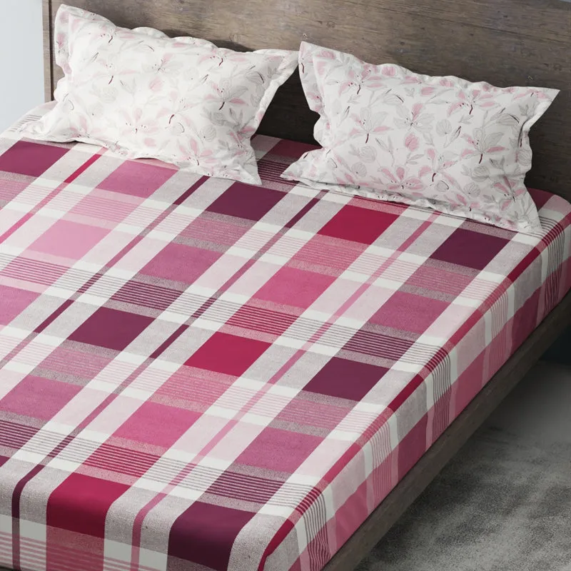 Check Flora Microfiber Microfiber Bedsheet (Maroon, Pink) - 150 GSM media 5