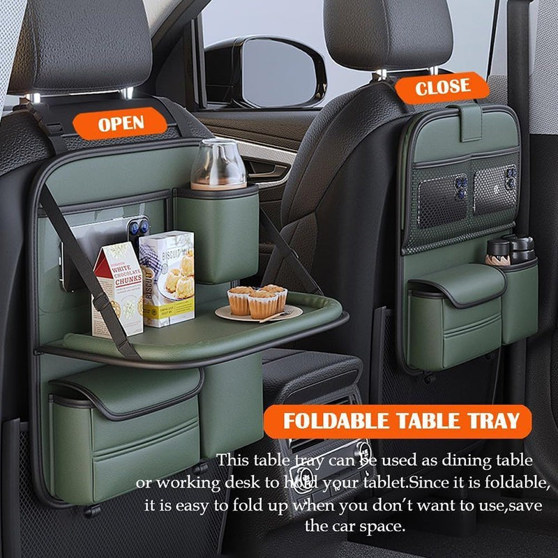 Sleek Seat Leather Car Seat Organizer With Foldable Tray - Green media 10