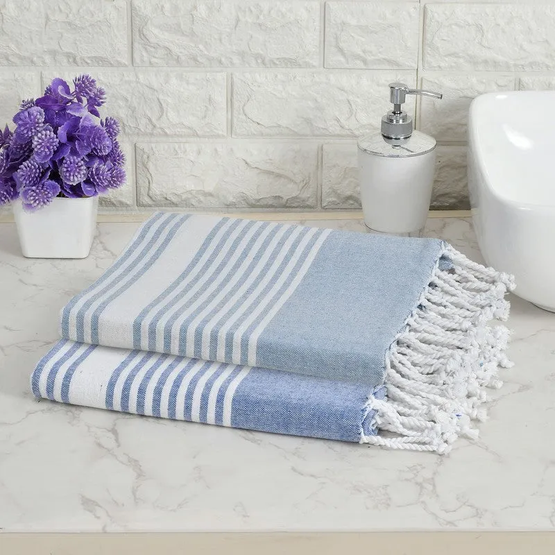 Loomera Striped Cotton Bath Towels (Light & Dark Blue) - Set Of Two media 1