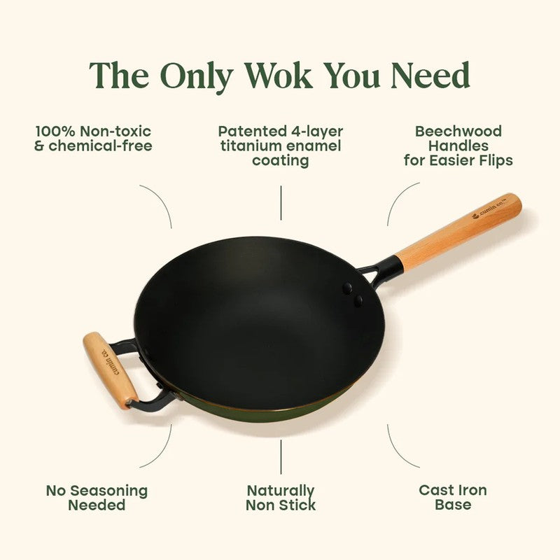 Cumin Co Enamel Cast Iron Wok with Lid (1500 mL) - Green media 7