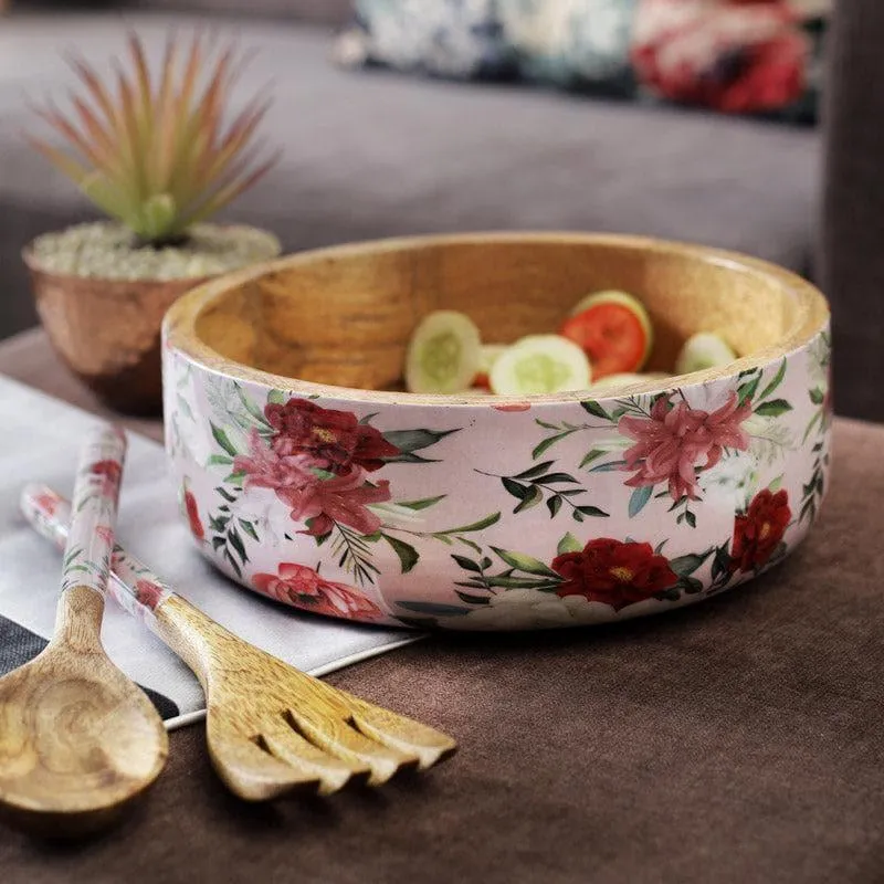 Floral Timber Salad Bowl & Cutlery media 1