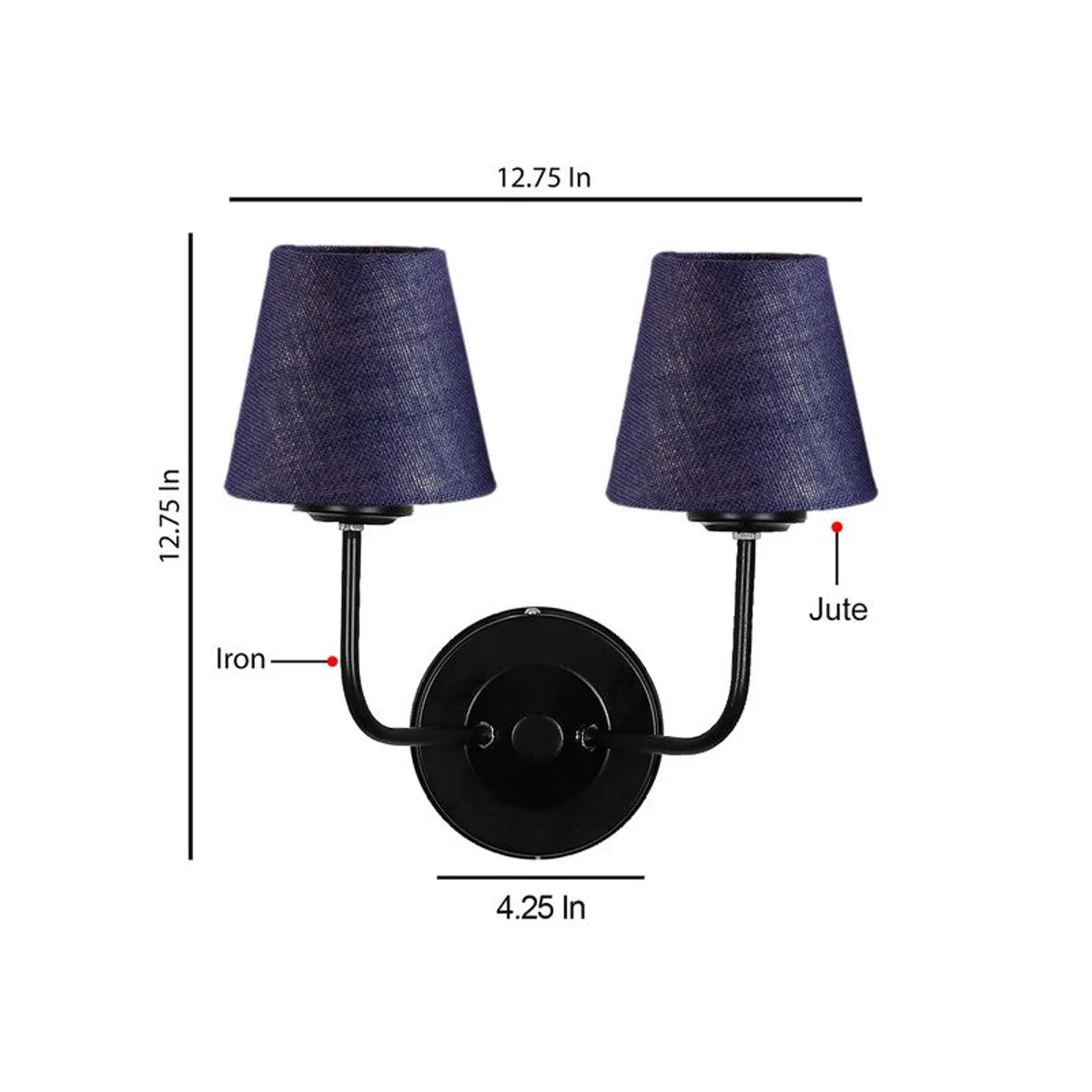 Blue twin wall lamp with black iron base and printed size diagram