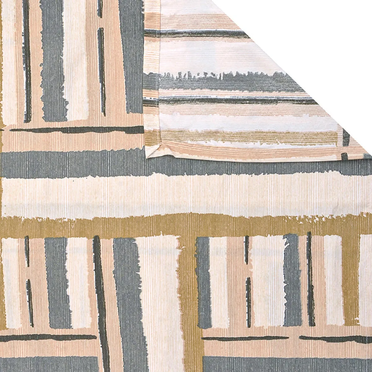 Folded corner of beige and grey geometric striped bedsheet