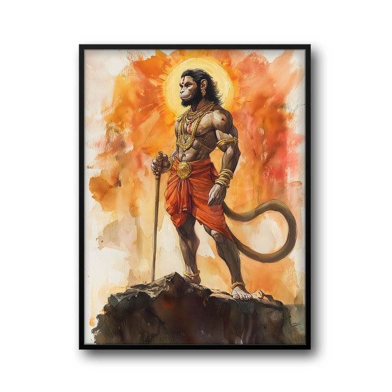 Anjaneya's Leap Spiritual Archival Paper Wall Painting With Frame - Black media 5