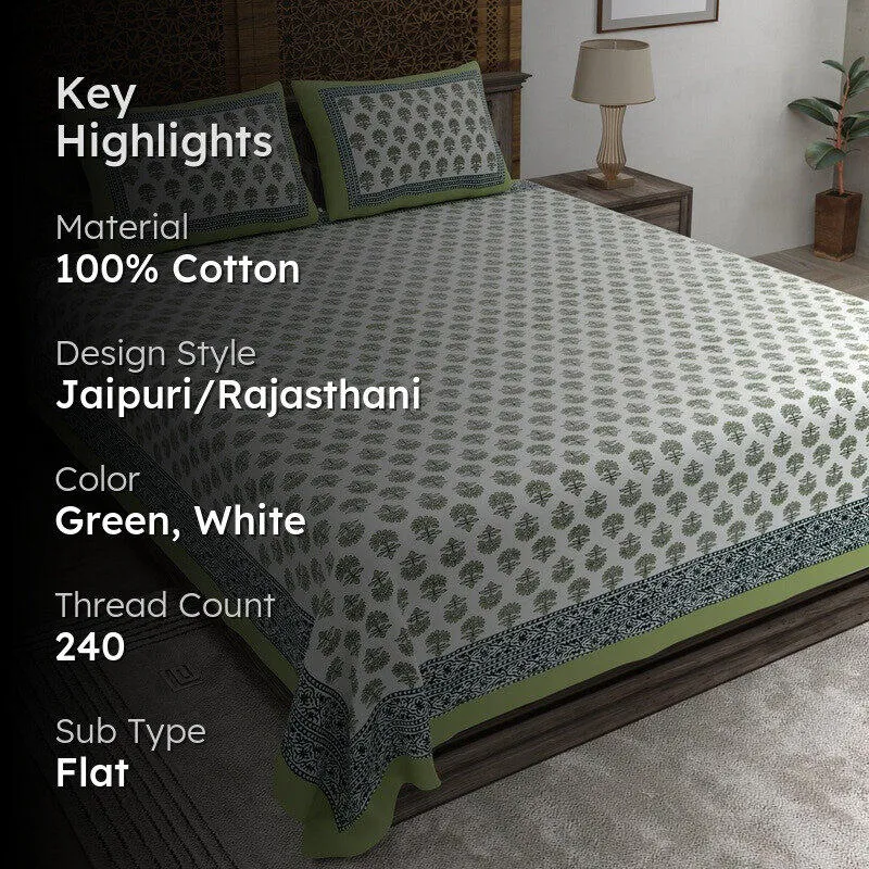 Designio Cotton Bedsheet (Green,White) - 240 TC media 2