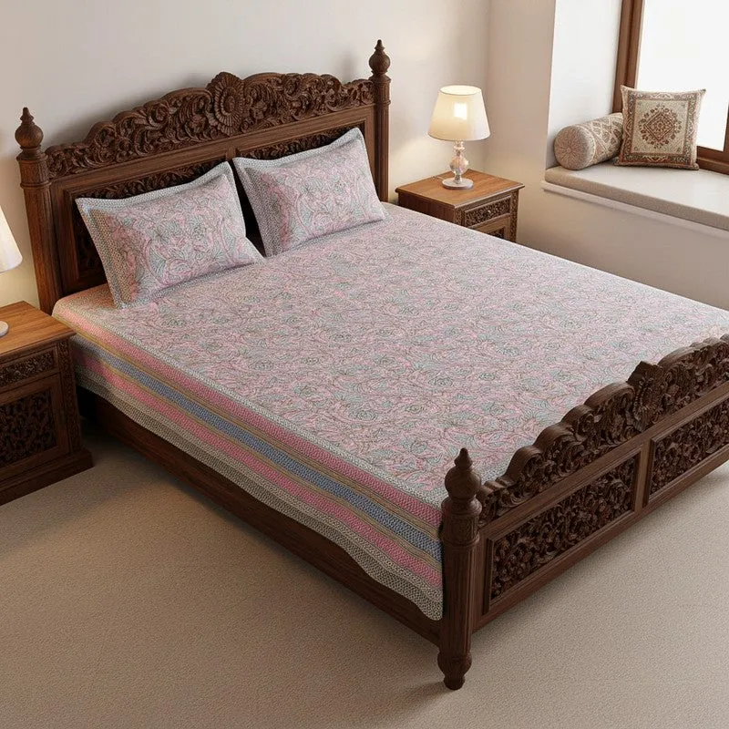 Saagara Floral Cotton Bedsheet (Pink,Blue) - 144 TC media 1