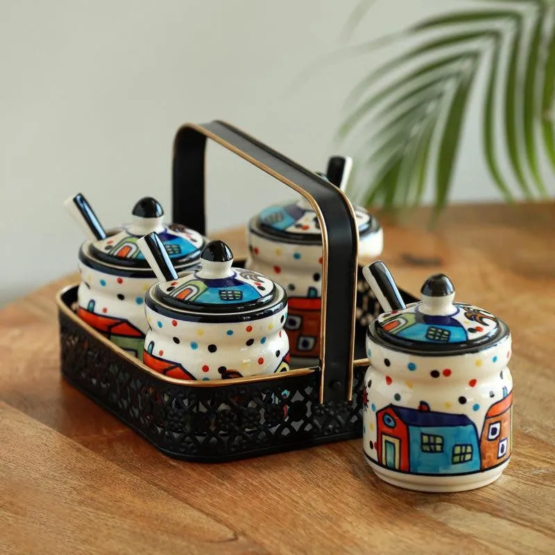 Coastal Cottage Handpainted Ceramic Jar With Iron Caddy (280 ML) - Nine Piece Set media 1