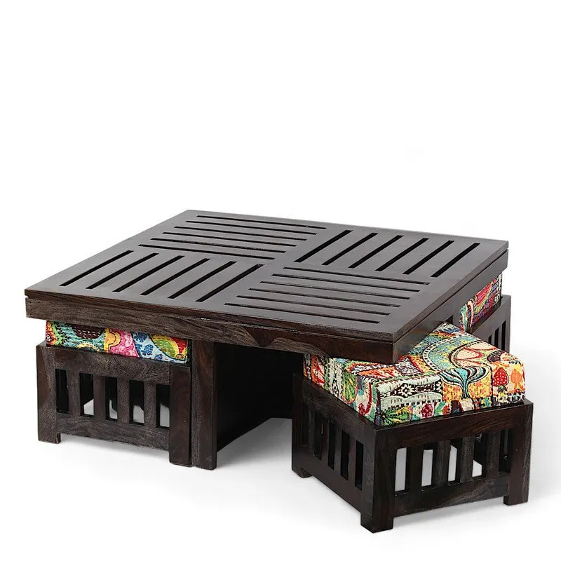 Hexiron Sheesham Wooden Center Table with Stools and Cushions (Brown) - Nine Piece Set media 6