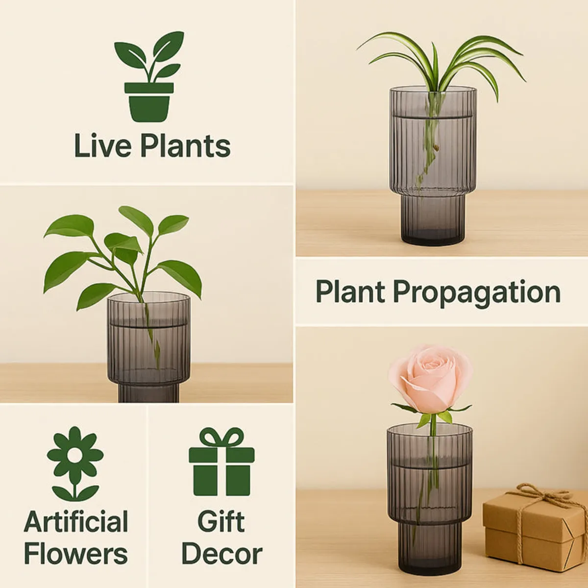 Grey ribbed vase shown with plants and a single flower