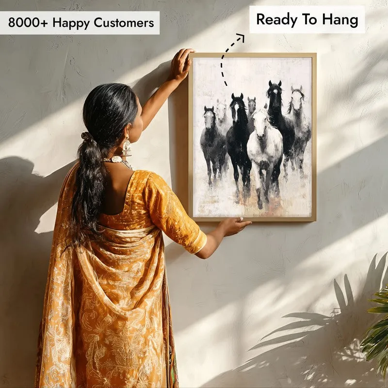 Charcoal Horse Stampede Wall Painting With Brown Frame media 8