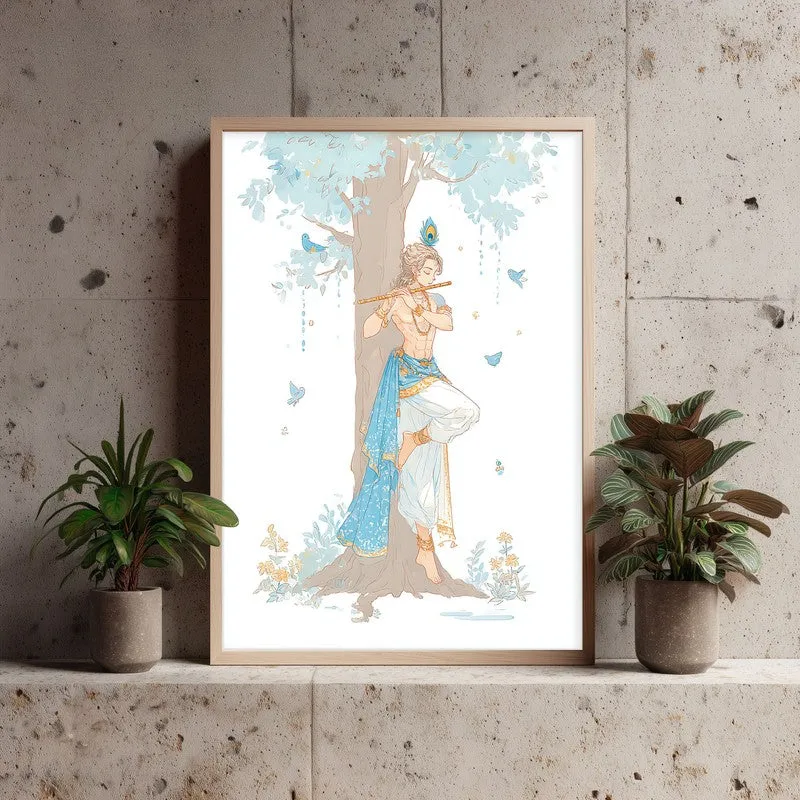 Lord Krishna Keshav Charming Archival Paper Wall Art - Natural Brown Frame media 4