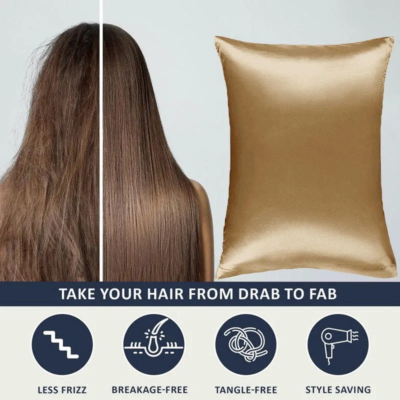 Gold satin pillow cover shown beside long, smooth brown hair.