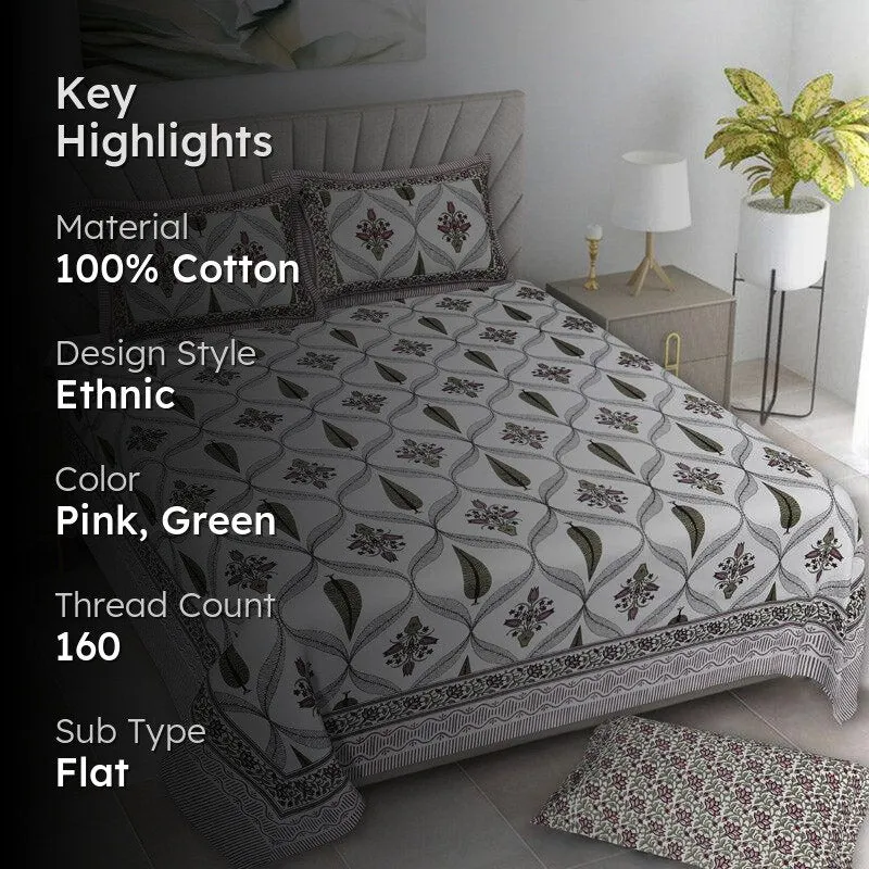 Quade Ethnic Cotton Bedsheet (Green) - 160 TC media 2