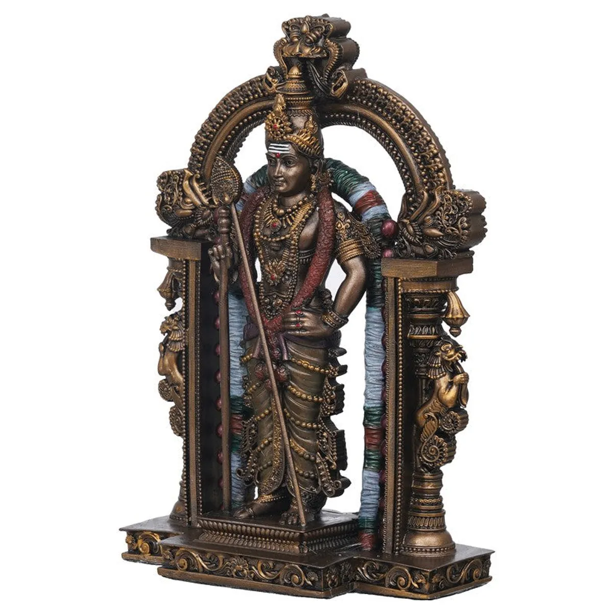 Rear view of the Vel Murugan idol with its ornate arched frame