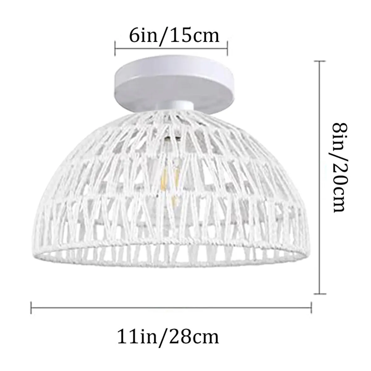 White dome-shaped ceiling lamp shown with measurement graphic on a plain background