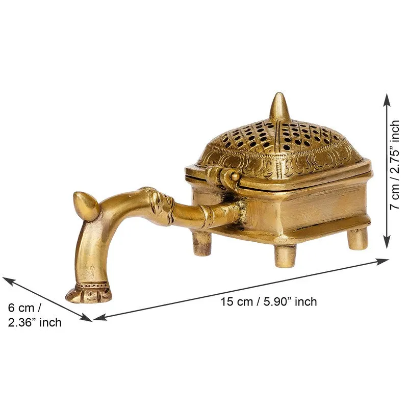 Gold brass incense holder shown with size arrows
