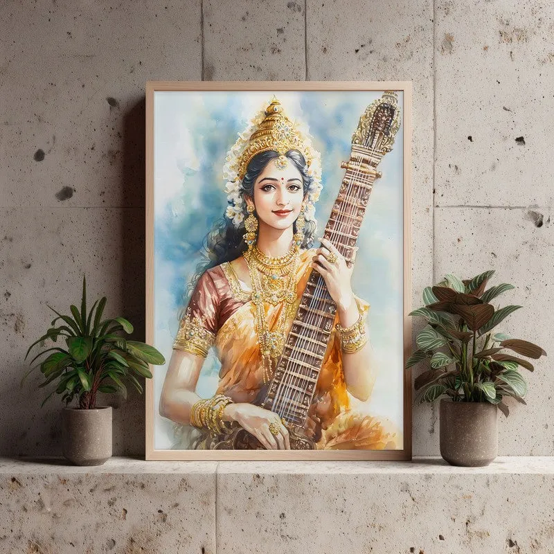 Veena Of Knowledge Spiritual Archival Paper Wall Painting - Natural Brown Frame media 3