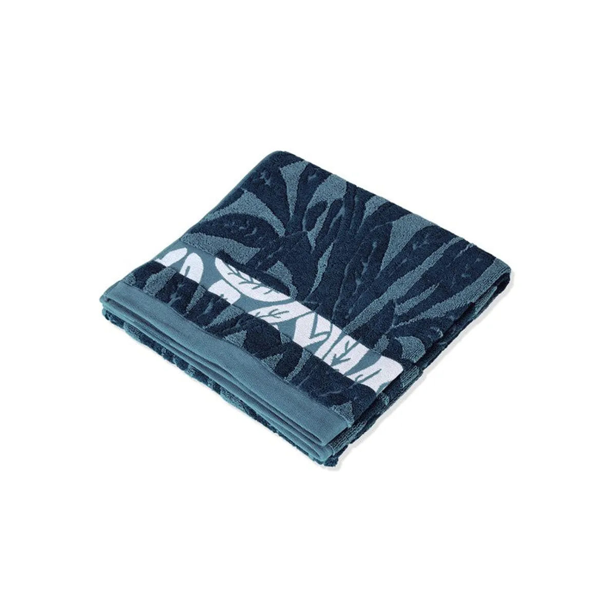 Folded blue floral bath towel shown against a white background