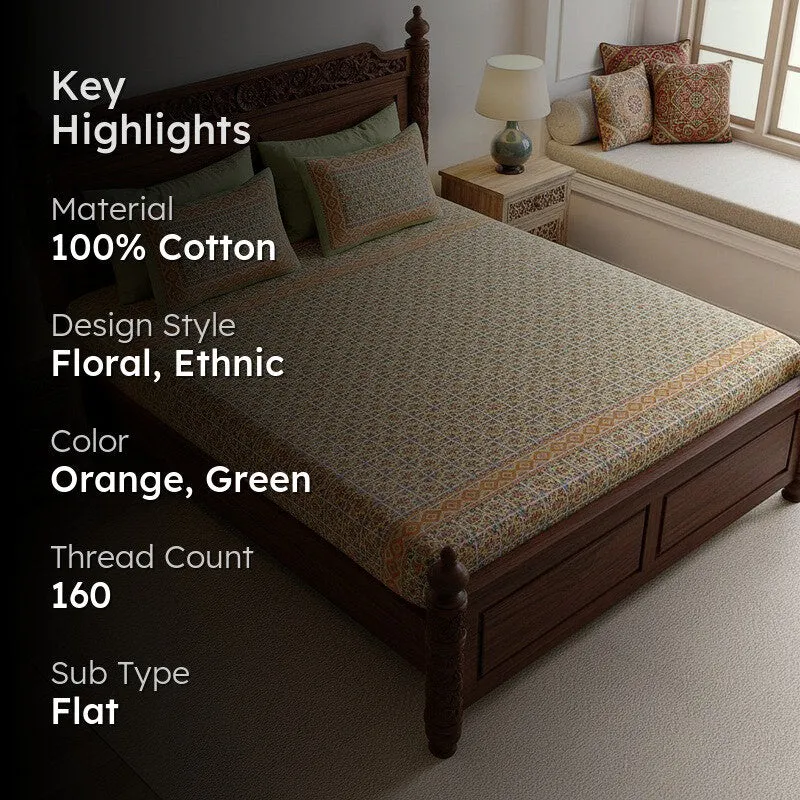 Aavni Cotton Bedsheet (Soft Green, Orange) - 180 TC media 2