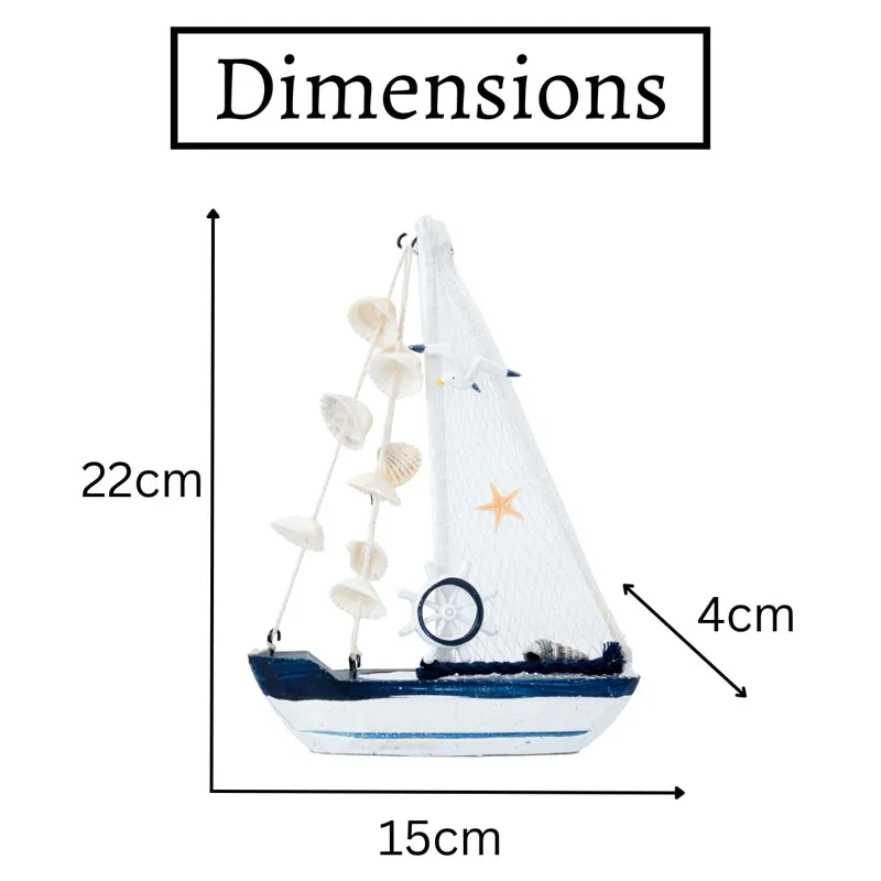 White and blue sailboat showpiece displayed with dimension arrows on a white background