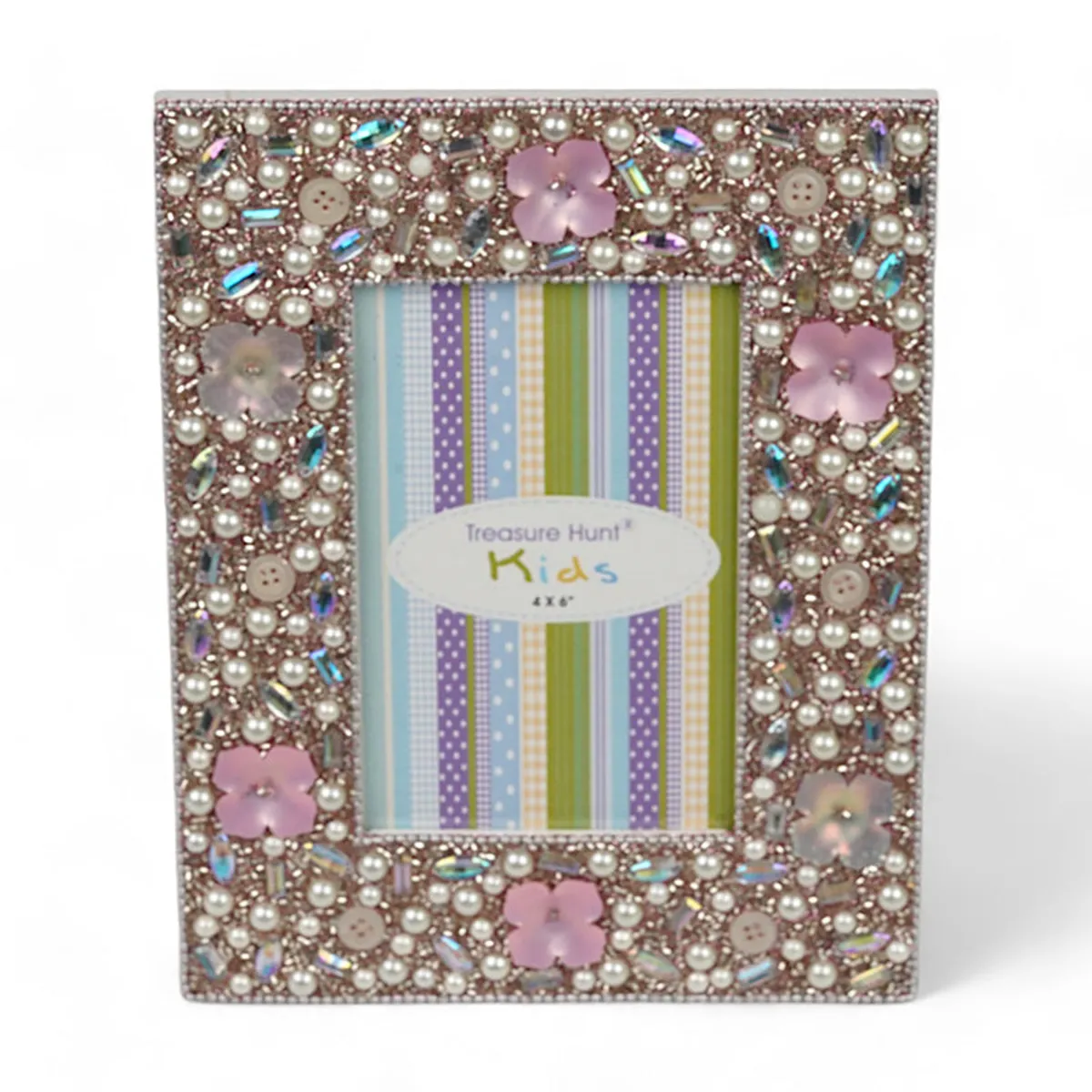 Front view of a rectangular beaded frame with pink flowers and colourful stripes.