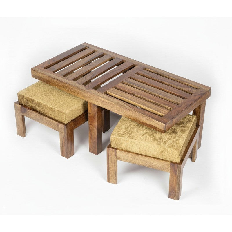 Dravon Sheesham Wooden Center Table with Stools (Brown,Gold) - Five Piece Set media 4