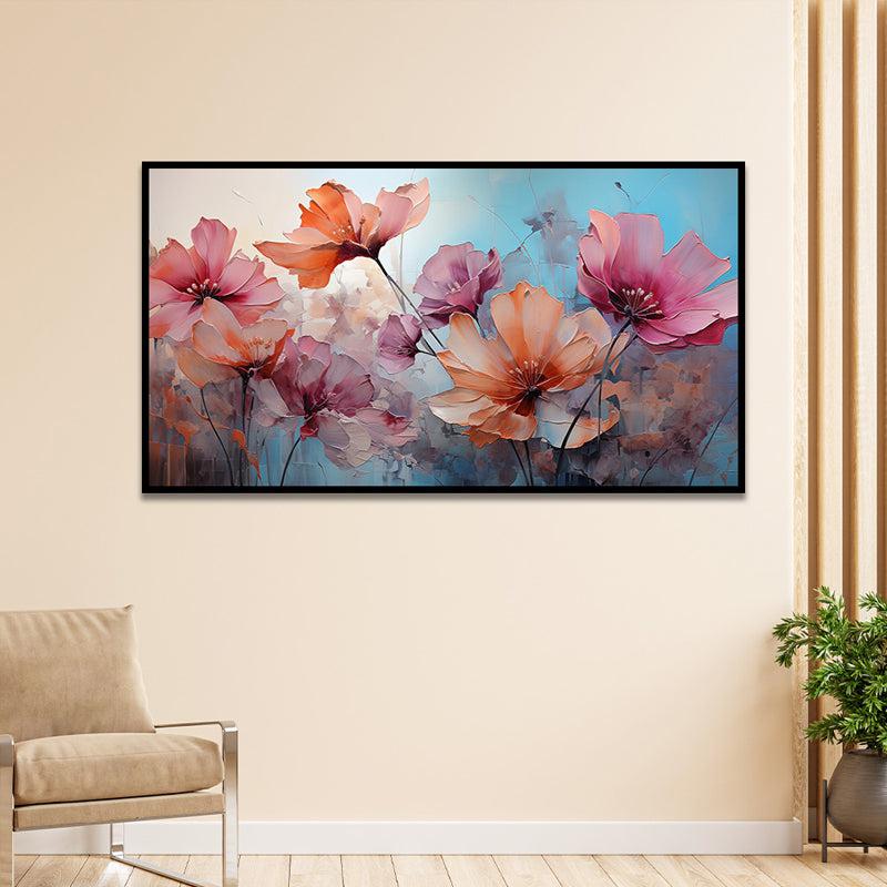 Blushing Petals In Blue Floral Canvas Wall Painting With Frame - Black - Small