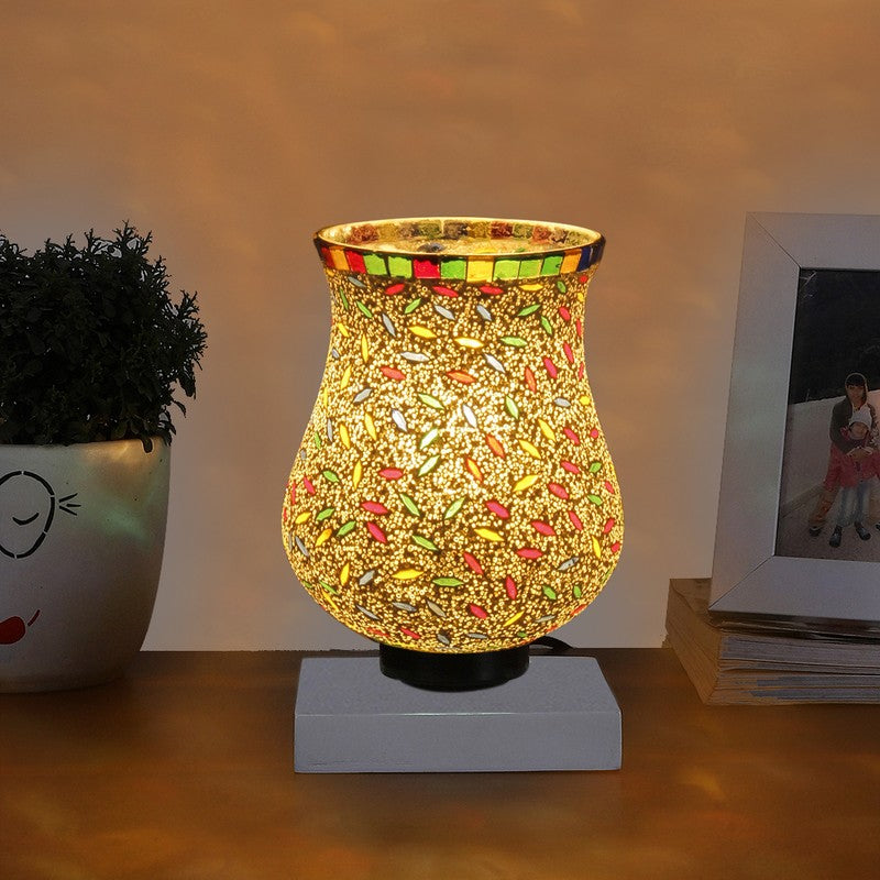 Galaxy Mosaic Glass Table Lamp With Wooden Base - Multicolor