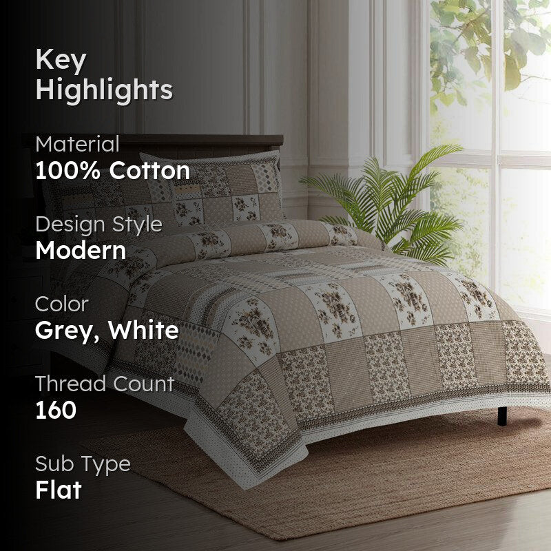 Yuna Floral Cotton Bedsheet (Grey,White) - 160 TC media 2
