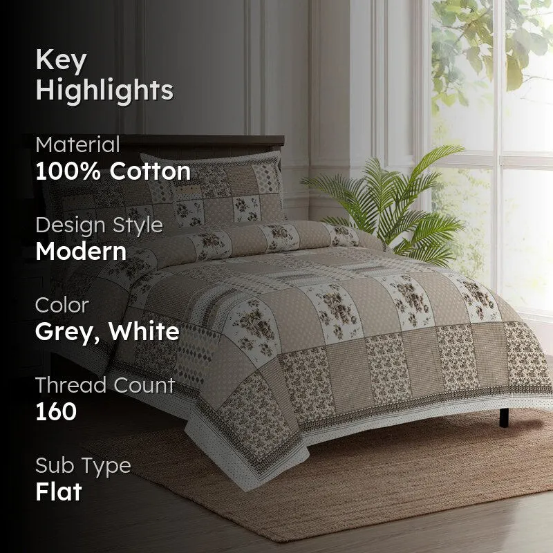 Yuna Floral Cotton Bedsheet (Grey,White) - 160 TC media 2