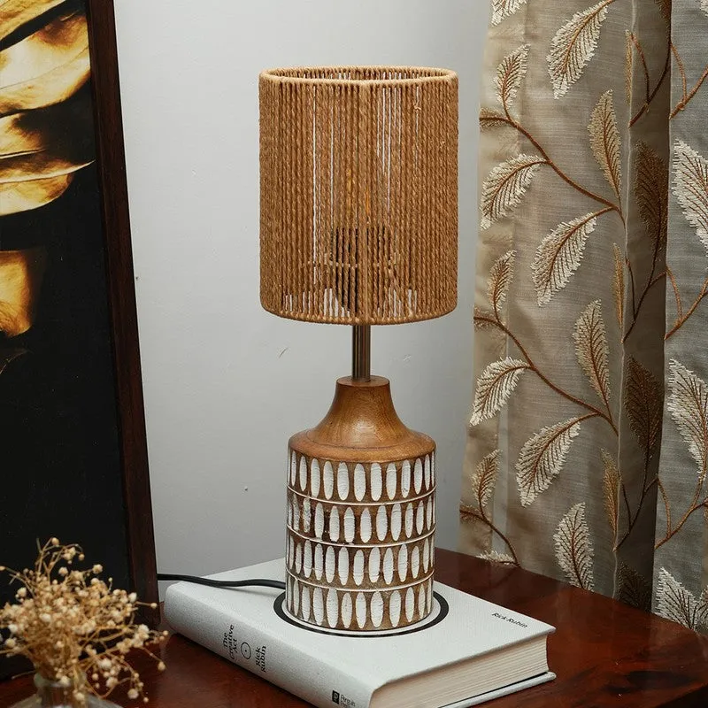 Ambercore Wooden Base Cotton Table Lamp - Beige media 3