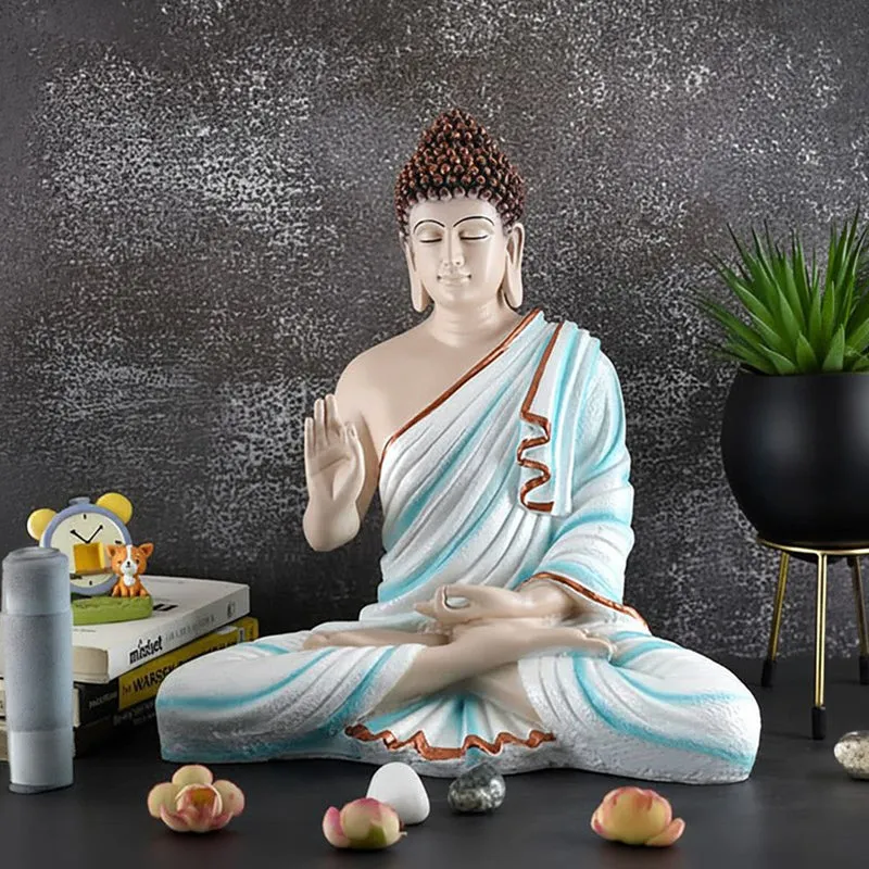 Front view of seated Buddha marble showpiece in ivory, blue and brown
