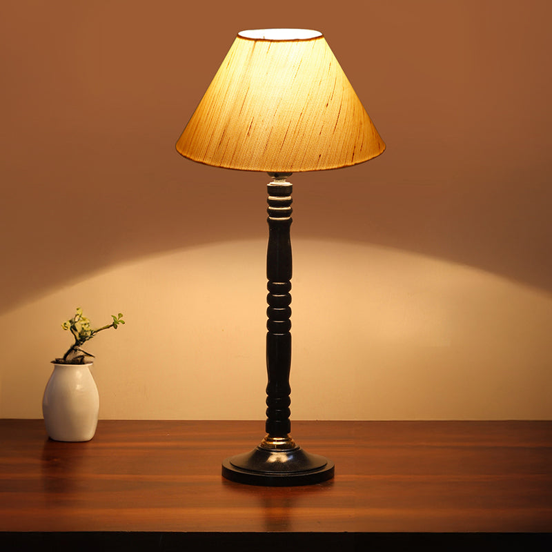 Glow Mesa Table Lamp With Carved Wooden Base - Beige,Black media 2