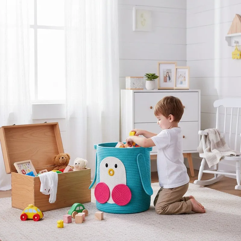 Child placing toys into a blue penguin storage basket in a nursery
