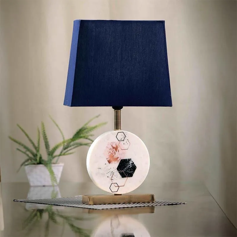 Hexa Marble & Brass Base Fabric Table Lamp - Blue,White media 3