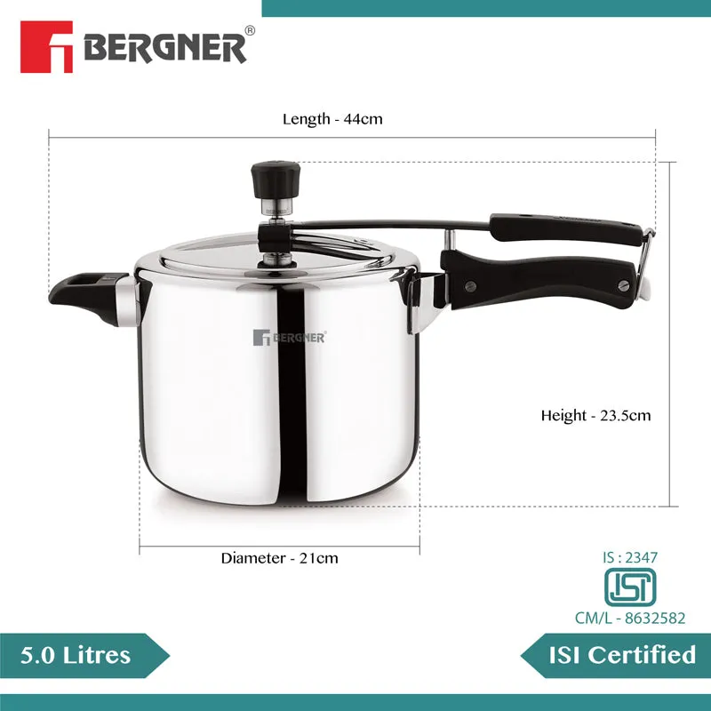 Silver pressure cooker shown with black handles and a glossy lid