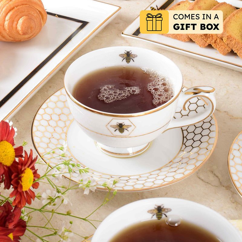 Gilded Bee 24k Gold Brushed Porcelain Tea Set With Tea Pot - Seventeen Piece Set
