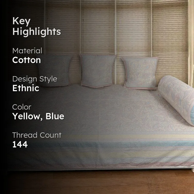 Viya Flora Cotton Diwan Set (Blue,Yellow) - Six Piece Set media 2