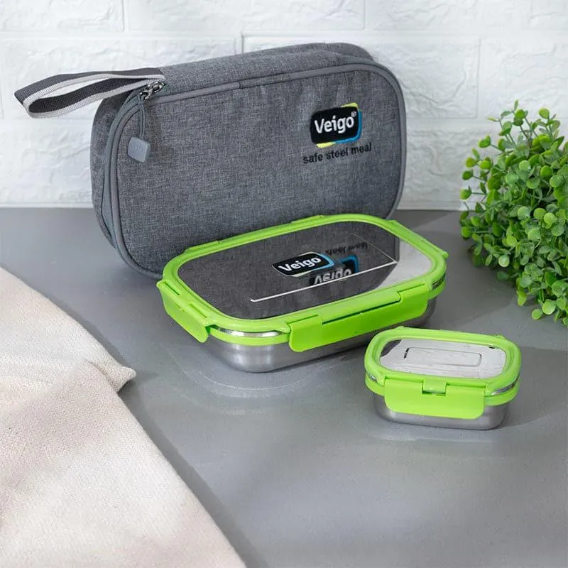 Delico Pack Parrot Green Lunch Box With Insulated Pouch (775 mL /150 mL) - Three Piece Set media 1