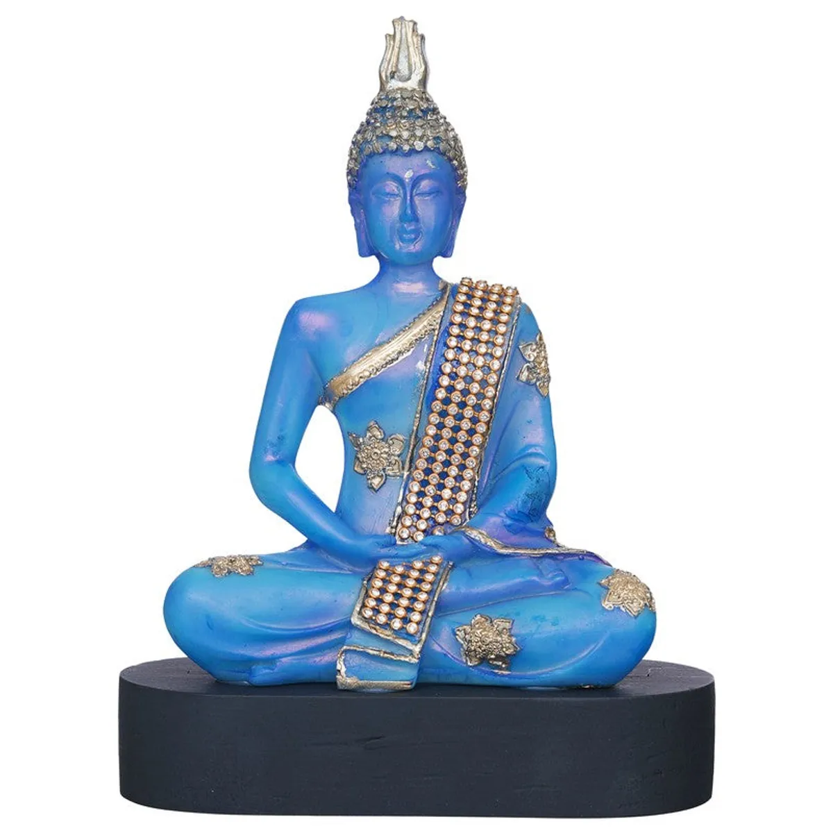 Front view of blue Buddha idol with gold embellishments
