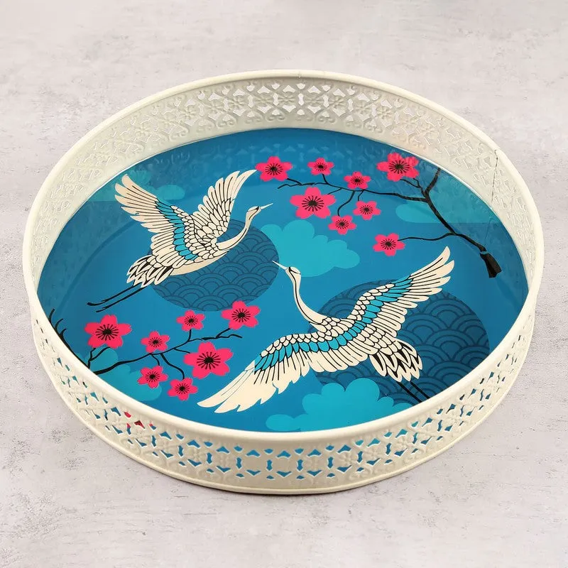 India Circus Cranebloom Blue & White Round Galvanized Iron Serving Tray media 4