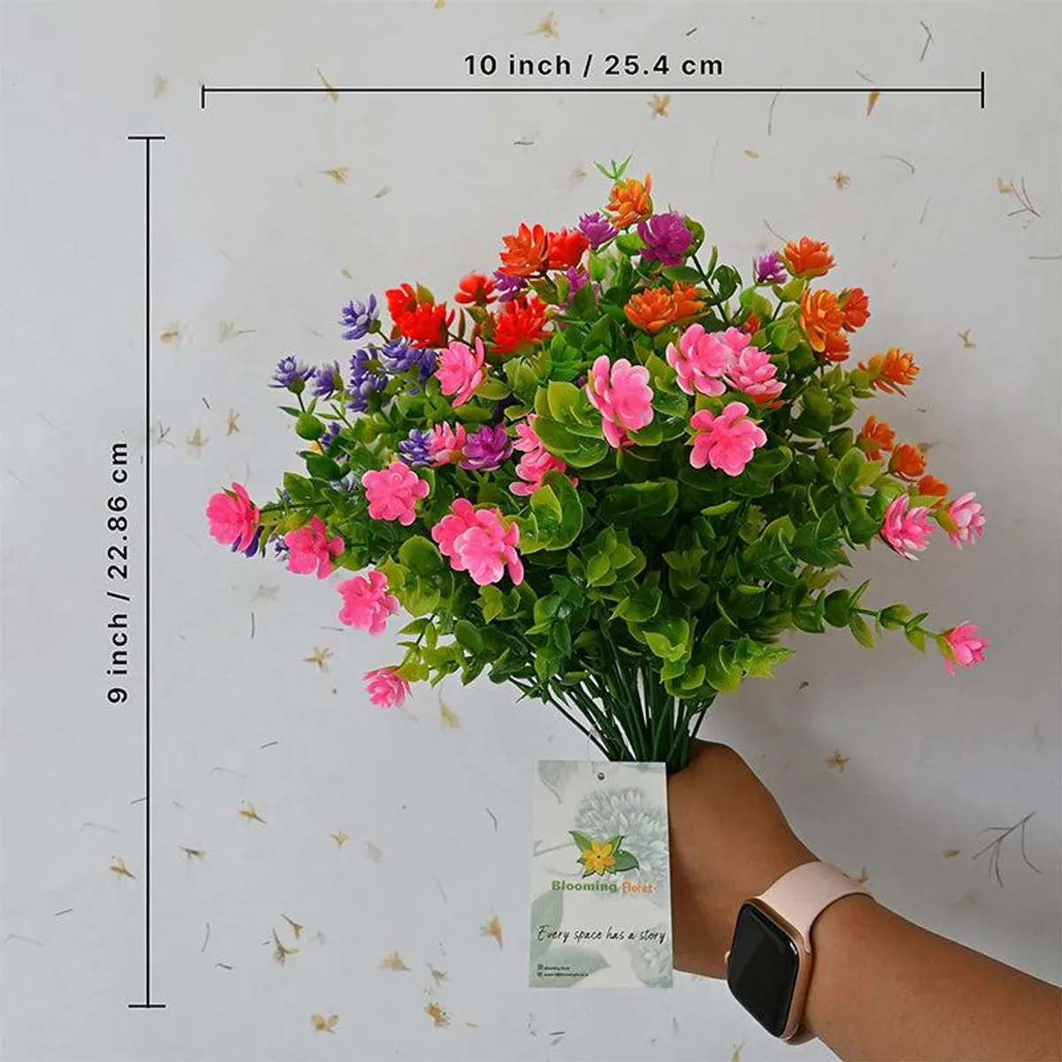 Multicoloured artificial flower sticks shown with dimensions against a light background