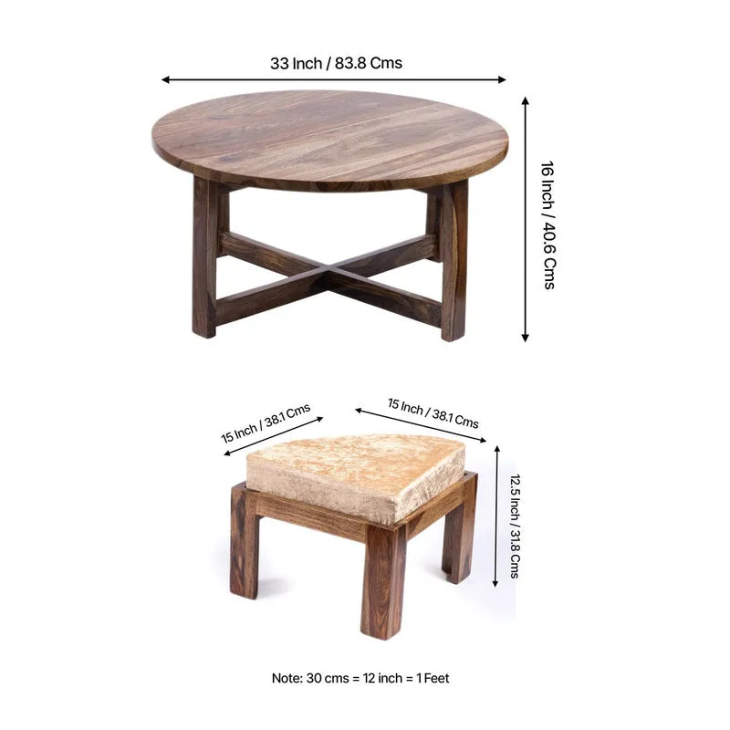Iveron Sheesham Wooden Center Table with Stools and Cushions (Brown,Beige) - Nine Piece Set media 12