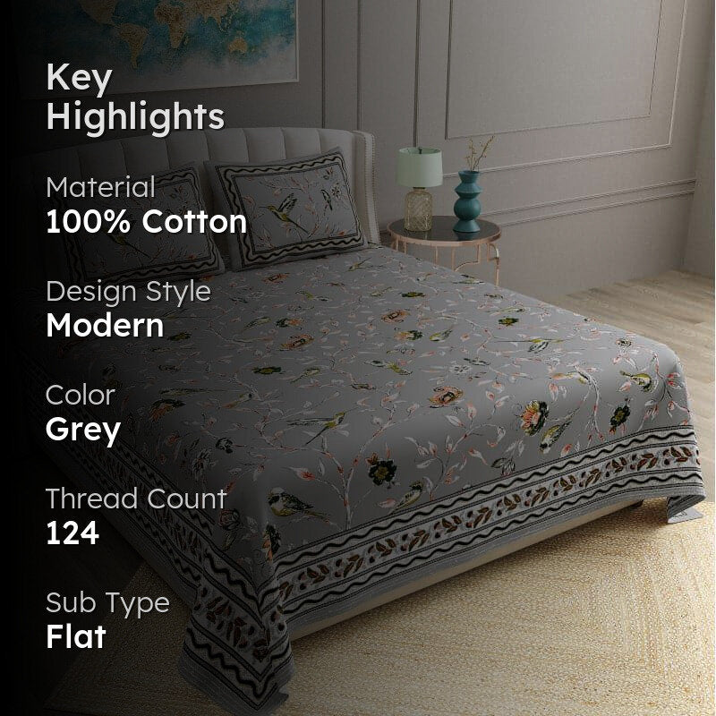 Birdie Orchard Floral Cotton Bedsheet (Grey) - 124 TC media 2