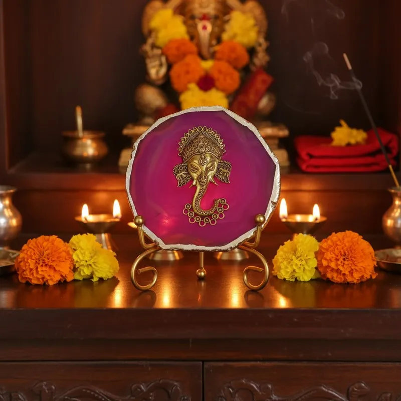 Ganesha Grace Agate Showpiece With Stand - Pink media 1
