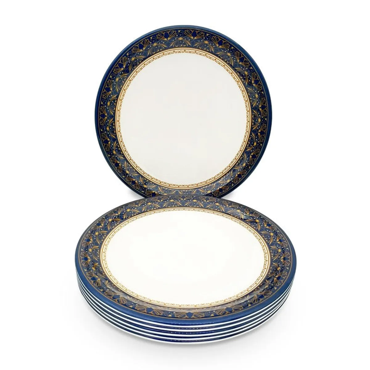 Blue and white quarter plates stacked with one plate standing upright
