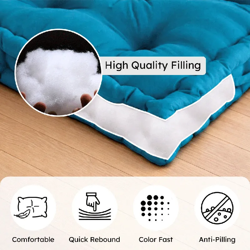 Close-up cushion view with white filling visible beneath the blue cover.