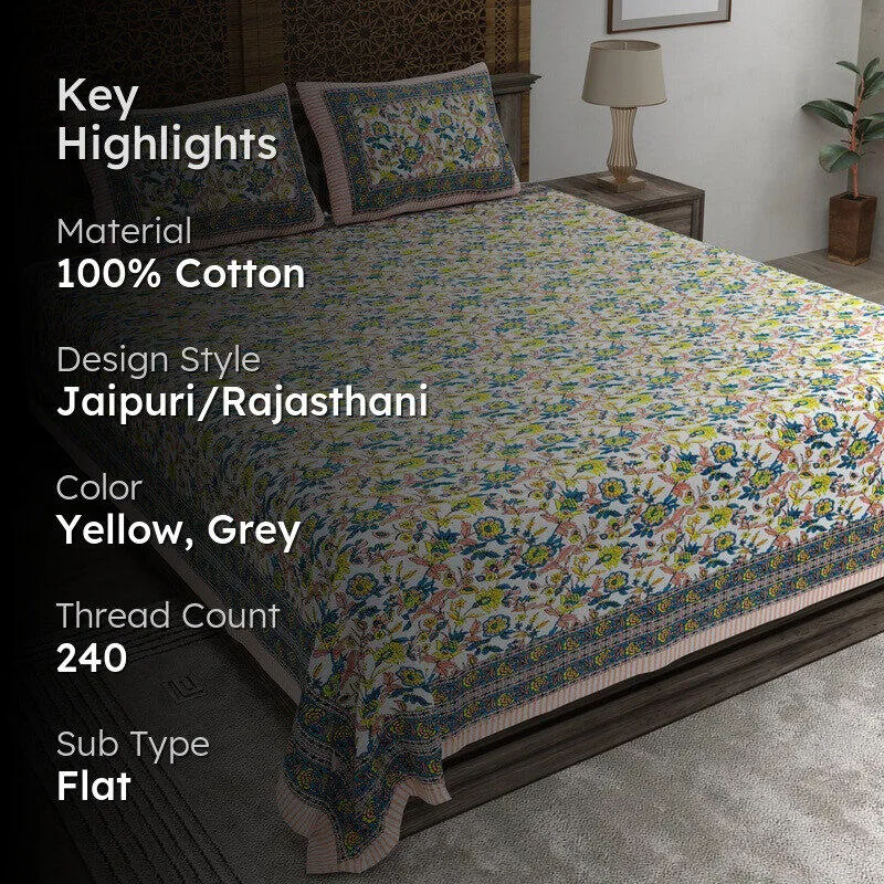 Styleza Cotton Bedsheet (Yellow,Grey) - 240 TC media 2